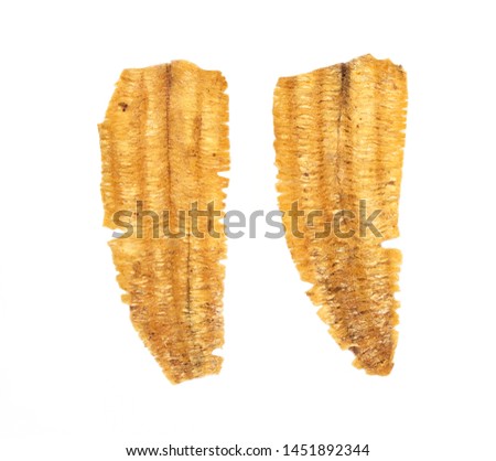 Dried roller seasoned cuttlefish.Sweet and spicy seafood snack.Isolated on white background.Pictures can be used to  food articles containing dried squid as a component.
