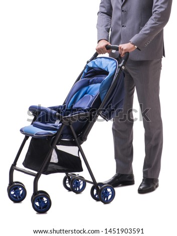 Young businessman nursing child in pram isolated on white