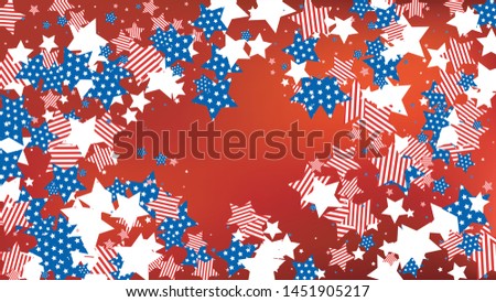 Colors of American Flag: Red, Blue and White.  Abstract Background with Many Falling Stars Confetti on Red Backdrop. 
 Banner, Greeting Card. Vector Stars Background with Colors of American Flag.