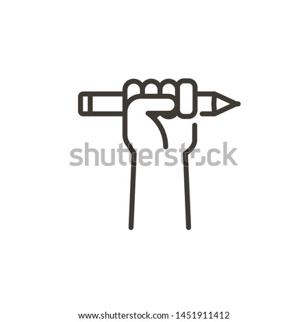 Hand grabbing a pencil representing education, research, creativity, hardwork and knowledge. Vector modern thin line icon illustration