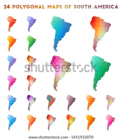 Set of vector polygonal maps of South America. Bright gradient map of continent in low poly style. Multicolored South America map in geometric style for your infographics.