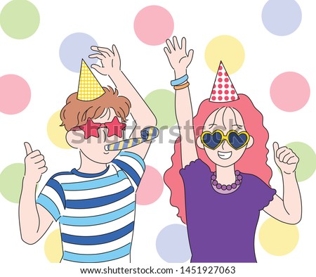 Cute couple having party supplies and fun party. hand drawn style vector design illustrations. 