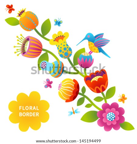 Fine summer flowers with butterfly, dragonfly and humming-bird. It can be used for decorating of invitations, cards and decoration for bags and clothes.