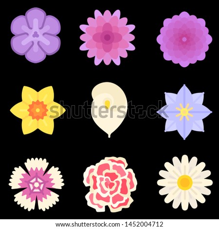 Set of flat Spring flower icons in silhouette isolated on white. Cute retro illustrations in bright colors for stickers, labels, tags, scrapbooking.