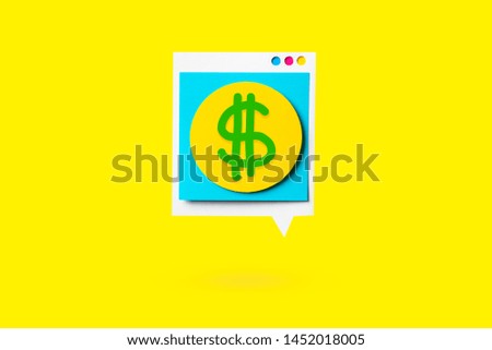 Isolated speech bubble, like a screen computer, with dollar sign concept on yellow background. Crypto currency concept.