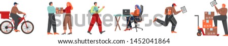 Delivery service workers and clients, vector flat style design illustration isolated on white background. Courier delivering water, food, parcel, call center operator, warehouse worker.