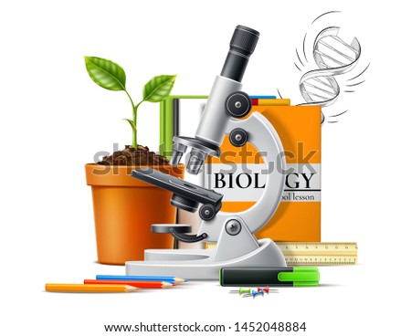 Realistic biology concept with microscope, green plant seedling in ceremic pot on background of books and stationery. Vector Molecular bio technologies in laboratory, back to school design. Royalty-Free Stock Photo #1452048884