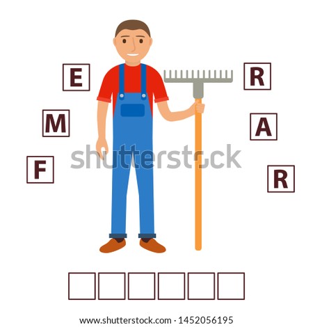 Game words puzzle cartoon character the farmer with a rake.Education developing child.Riddle for preschool.Flat illustration cartoon character vector.Concept of the rural worker.
