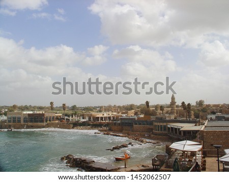   View of the port of the ancient city of Caesarea during a storm. In this weather, excursions with a dive is not carried out.                             
