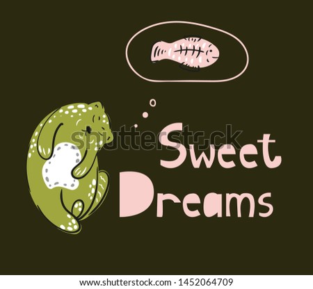 Cute green cat vector illustration. Sleeping kitten and fish. Phrase - Sweet  dreams. Funny poster with lettering , design for kids.