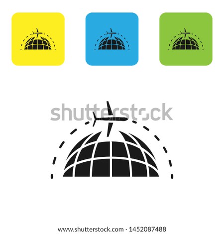 Black Globe with flying plane icon isolated on white background. Airplane fly around the planet earth. Aircraft world icon. Set icons colorful square buttons. Vector Illustration
