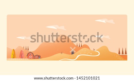 Minimal Panorama Vector illustration of Countryside landscape in autumn,banner of farm house.The yellow foliage mountains or hill with falling leaves,barn and pumpkin,windmill and antilope deer Royalty-Free Stock Photo #1452101021