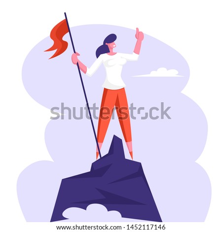 Businesswoman Character Hoisted Red Flag on Mountain Top. Business Woman on Peak of Success. Leadership, Winner, Challenge Goal Achievement, Successful Manager Concept Cartoon Flat Vector Illustration Royalty-Free Stock Photo #1452117146