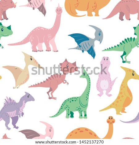 Seamless pattern from cute cartoon dinosaurs. Multicolor dino texture.