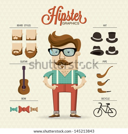 Hipster character illustration with hipster elements and icons