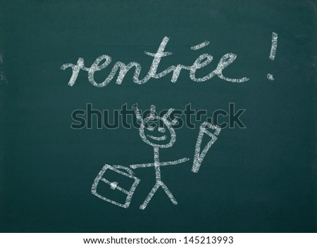School kid's drawings on green blackboard, french writing " rentrÃ?Â©e"