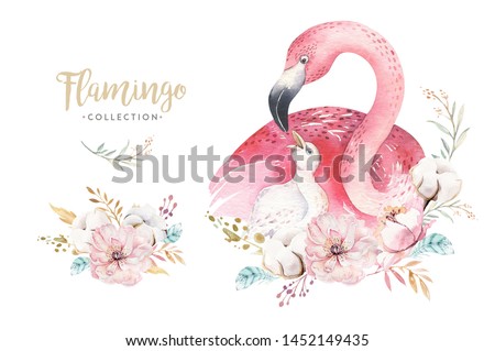 Watercolor cute cartoon illustration with cute mommy flamingo and baby, flower leaves. Mother and baby illustration bird design. Tropical mom bird decoration