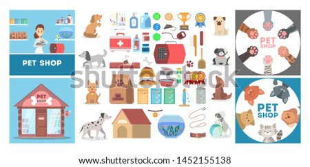Pet shop set with different goods for animal. Food and toy for domestic pet in the store. Dog and cat care. Store logotype. Isolated flat  illustration
