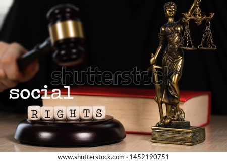 Word SOCIAL RIGHTS composed of wooden dices. Wooden gavel and statue of Themis in the background. Closeup