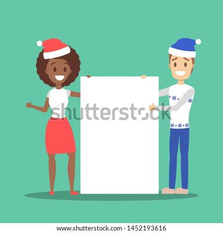 Business character in christmas clothes standing behind blank white paper sheet. Empty banner for message.  flat illustration