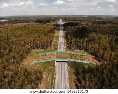 Wildlife crossing-a bridge over the highway in the forest. Kaluga region. Russia Royalty-Free Stock Photo #1452213173