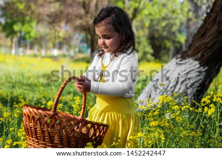 little girl with a basket in which the ducklings in daisies