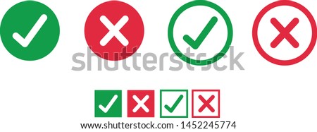 Button icons for: Accepted/Rejected, Approved/Disapproved, Yes/No, Right/Wrong, Green/Red, Correct/False, Ok/Not Ok - vector mark web symbols in green and red. Royalty-Free Stock Photo #1452245774