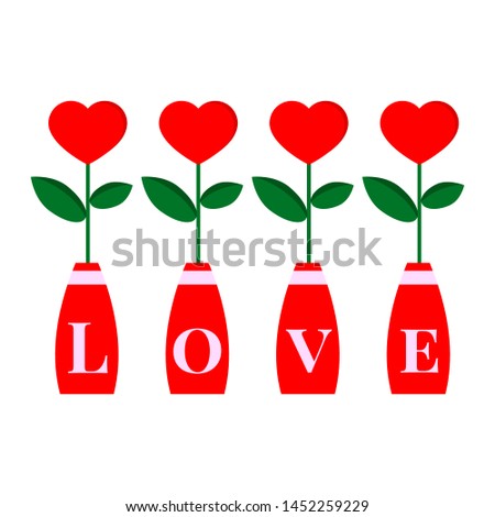 The word "love". Romantic a heart-shaped flower with leaf in in red bottle isolated on white background. Design element. Vector cartoon flat style clip art illustration. 