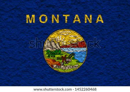 The national flag of the US state Montana in against a gray wall with stony surface on the day of independence in colors of blue and yellow. Political and religious disputes, customs and delivery.