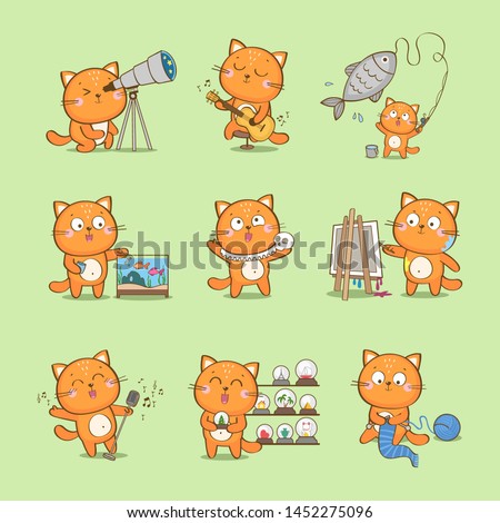 Set of cute cartoon cat character representing different hobbies: fishkeeping, playing guitar, fishing, acting, singing, painting, collecting, knitting, amateur astronomy