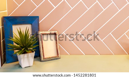 Ornamental plants in ceramic vases with vintage photo frames put on wooden shelf and front of rectangle pattern tile wall background with space for texts.