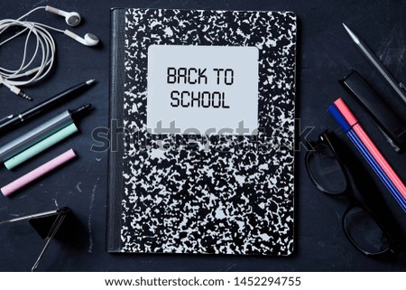 Back to school or student and education concept. Top view. Flat lay. School notebook and accessories