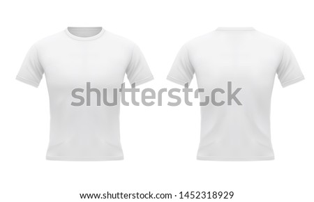 Men's white t-shirt with short sleeve in front and back. Sport u-neck clothing, design template. Blank mockup. 3d realistic vector iilustration isolated on white background