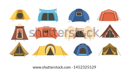 Collection of touristic and military tents of various types isolated on white background. Set of shelters for hiking, mountaineering, adventure travel, recreation. Flat cartoon vector illustration.