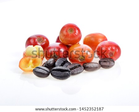 Red and black coffee beans on white background