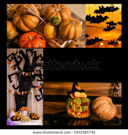 Halloween glowing pumpkins collage, holiday background, curved decoration creative design, traditional jack o lantern candles.