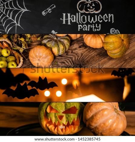 Halloween glowing pumpkins collage, holiday background, curved decoration creative design, traditional jack o lantern candles.