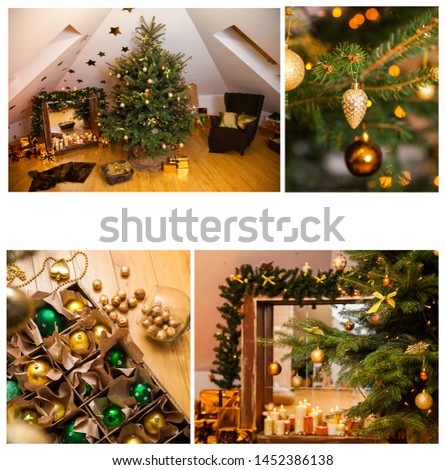 Golden collage of Christmas tree decorations, diversity of gold ornaments, winter holiday gifts and presents.