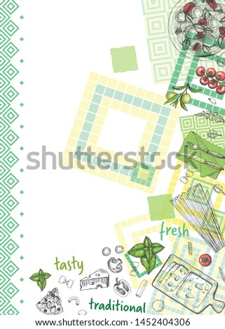 Modern colorful Italian food menu cover. Simple design with green and yellow colors, pasta, Italian ingredients. Food ingredients sketch artwork pattern layout with symbols, traditional pattern margin