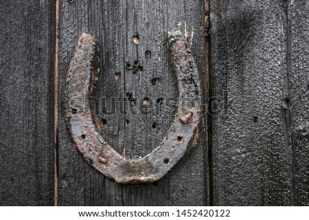 Obsolete horse shoes on a barn door.
