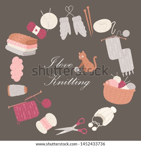 Knitting I love vector poster. Collection of knitted clothes and knit tools isolated on brown background - woolen scarf, hat, mittens, socks with needles. Hook, yarn and cartoon kitten.
