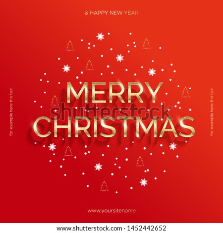 Golden text with glitter on red background. Merry Christmas banner. Christmas ornament in the circle of snowflakes and Christmas tree. For advertising in social networks, on the website.