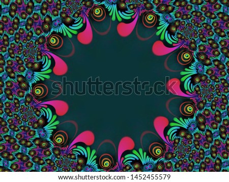 A hand drawing pattern made of blue green orange and fuchsia on a black background