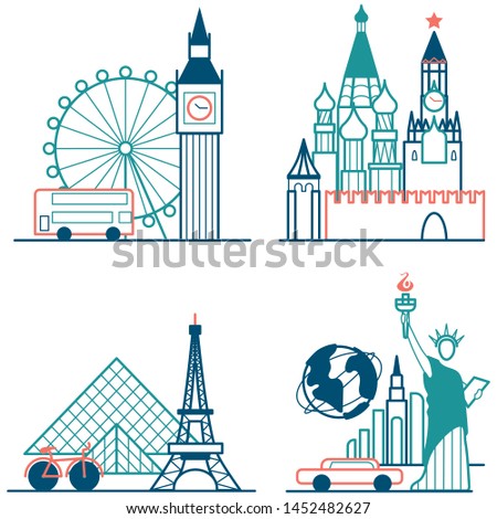 Travel icons set. Themed icons of London, Paris, New York and Moscow linear symbols collection. Showplace isolated vector illustration