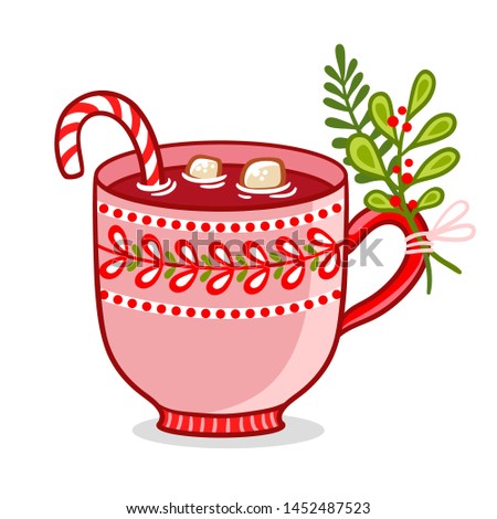 Vector illustration with christmas cup on a white background. Beautiful mug with tea in a cartoon style.