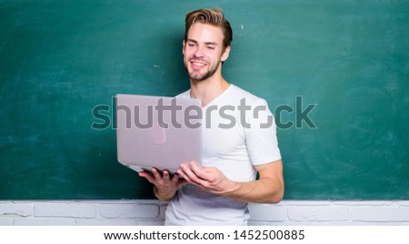 Surfing internet. Online communications. Programming web development. Digital concept. Student learn digital world. School teacher with laptop. Handsome man use modern technology. Digital technology.