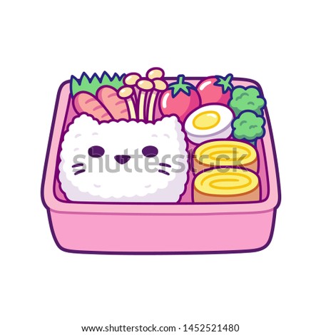 Cute cartoon bento box with cat face shaped rice, egg rolls, mushrooms and vegetables. Traditional Japanese lunchbox for kids. Simple hand drawn vector illustration.