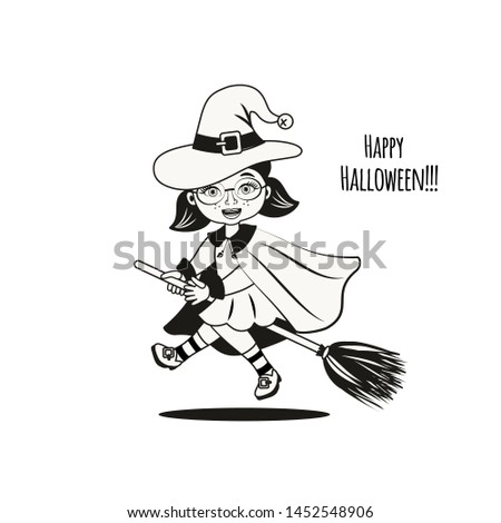 Cute little child dressed in costume witch on a broomstick. Halloween  vector illustration. Element for design, prints and greeting cards. Design for print, t-shirt, party decoration, sticker. 