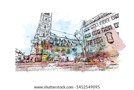 Building view with landmark of Nuremberg, a city in northern Bavaria, City in Germany. Watercolor splash hand drawn sketch illustration in vector.