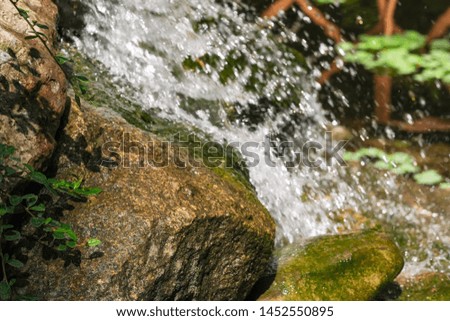 Fragment of a small decorative artificial waterfall in a summer botanical garden, landscape design close-up